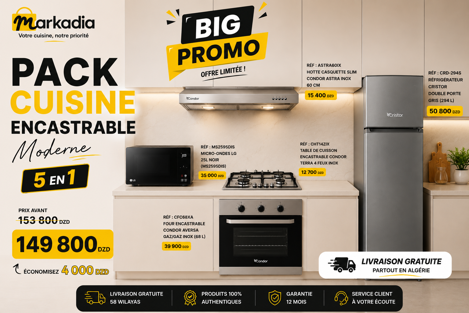 PACK CUISINE ENCASTRABLE MODERNE (5 en 1) | Condor + LG + Cristor