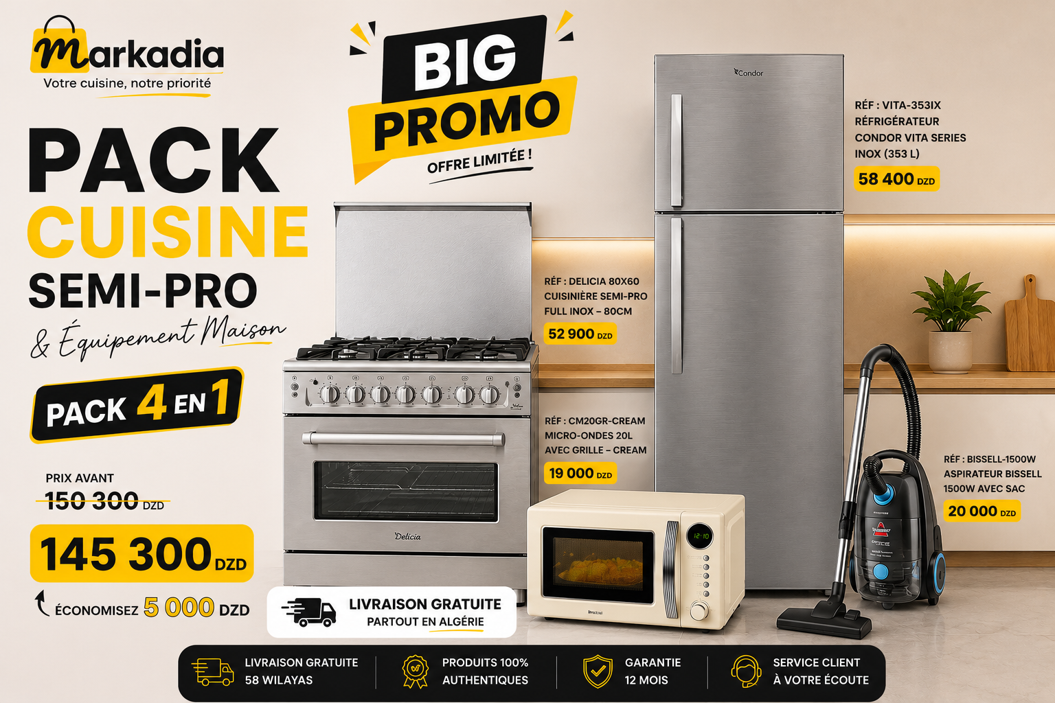 PACK CUISINE SEMI-PRO & ÉQUIPEMENT MAISON (4 en 1) | Delicia + Condor + Micro-ondes + Bissell