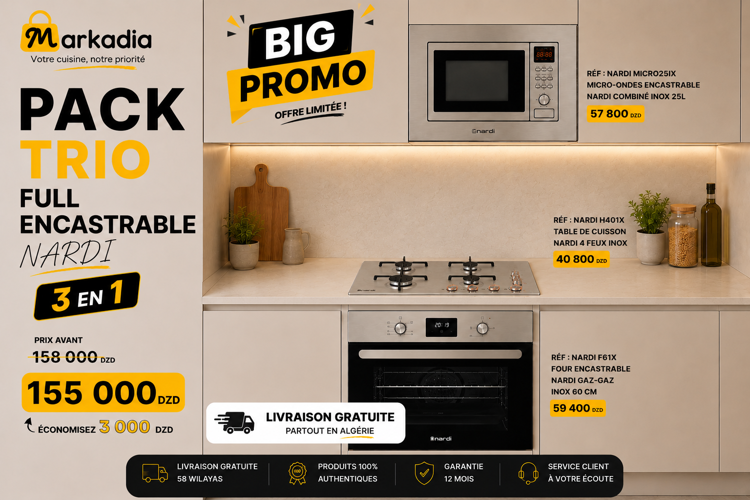 PACK TRIO FULL ENCASTRABLE NARDI (3 en 1) | Micro-ondes + Table + Four